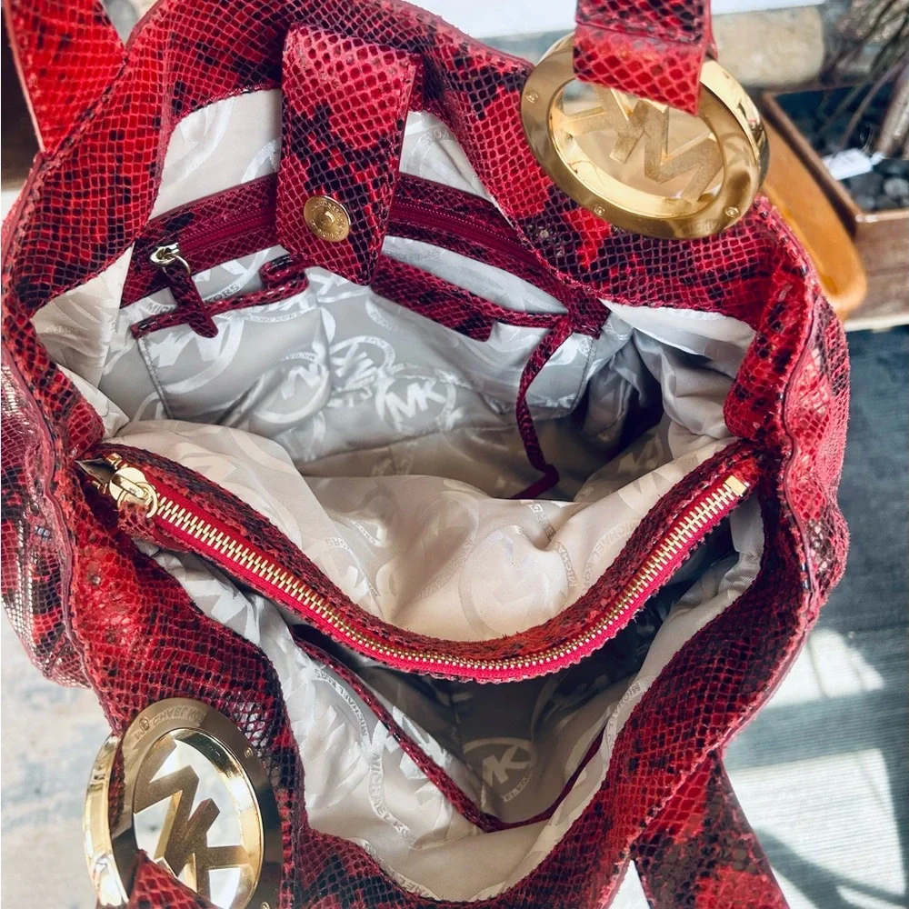 Michael Kors Red Black Snake Print Tote Shoulder Bag Gold Logo